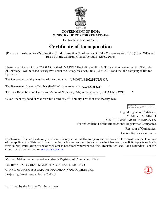 Certificate of Incorporation โ GloryAsia Global Marketing Private Limited
